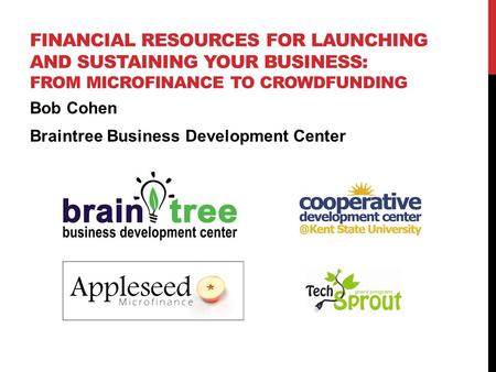 FINANCIAL RESOURCES FOR LAUNCHING AND SUSTAINING YOUR BUSINESS: FROM MICROFINANCE TO CROWDFUNDING Bob Cohen Braintree Business Development Center.