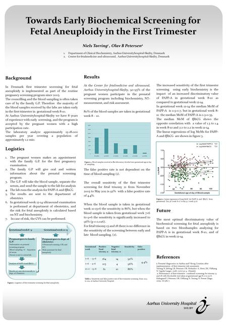 Towards Early Biochemical Screening for Fetal Aneuploidy in the First Trimester Niels Tørring 1, Olav B Petersen 2 1. Department of Clinical Biochemistry,