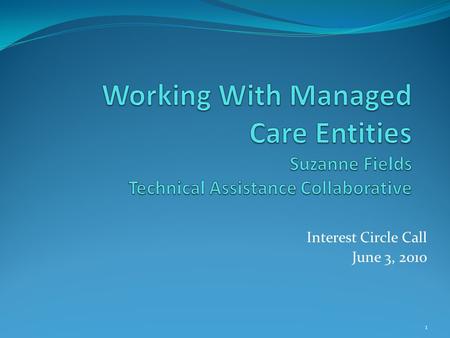 Interest Circle Call June 3, 2010 1. Overview What is a Managed Care Entity (MCE)? How is behavioral health structured in an MCE? What do MCE’s do? What.