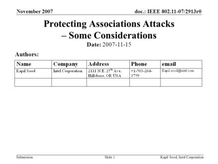 Doc.: IEEE 802.11-07/2913r0 Submission November 2007 Kapil Sood, Intel CorporationSlide 1 Protecting Associations Attacks – Some Considerations Date: 2007-11-15.