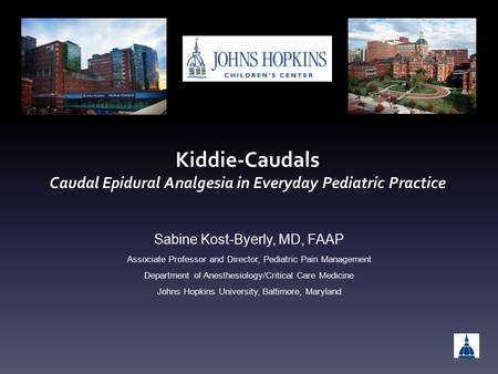 Kiddie-Caudals Caudal Epidural Analgesia in Everyday Pediatric Practice Sabine Kost-Byerly, MD, FAAP Associate Professor and Director, Pediatric Pain Management.