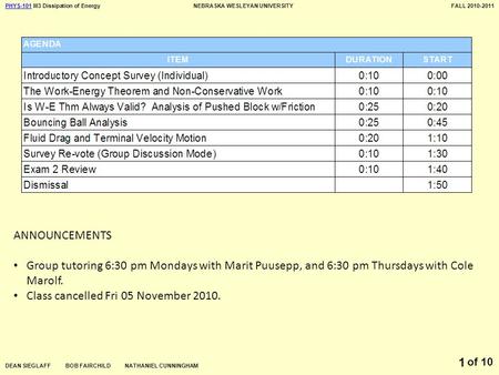PHYS-101PHYS-101 III3 Dissipation of EnergyNEBRASKA WESLEYAN UNIVERSITYFALL 2010-2011 DEAN SIEGLAFF BOB FAIRCHILD NATHANIEL CUNNINGHAM of 10 1 ANNOUNCEMENTS.