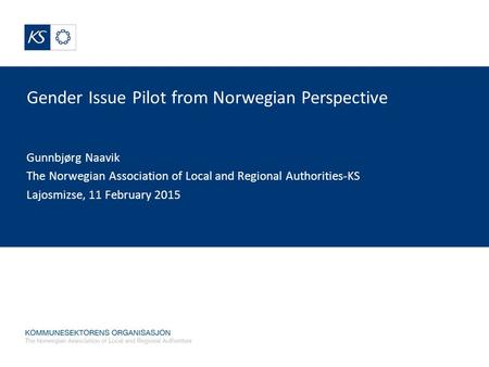 Gender Issue Pilot from Norwegian Perspective Gunnbjørg Naavik The Norwegian Association of Local and Regional Authorities-KS Lajosmizse, 11 February 2015.