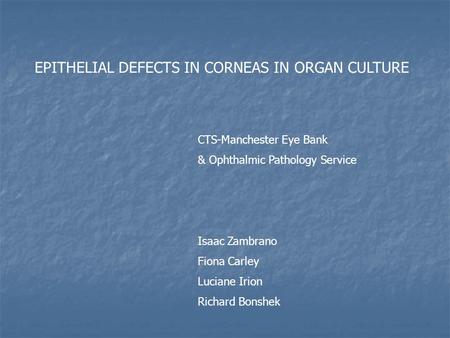 EPITHELIAL DEFECTS IN CORNEAS IN ORGAN CULTURE CTS-Manchester Eye Bank & Ophthalmic Pathology Service Isaac Zambrano Fiona Carley Luciane Irion Richard.