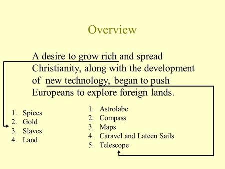 Overview A desire to grow rich and spread Christianity, along with the development of new technology, began to push Europeans to explore foreign lands.