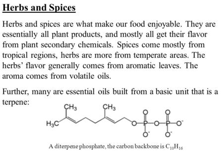 Herbs and Spices Herbs and spices are what make our food enjoyable. They are essentially all plant products, and mostly all get their flavor from plant.