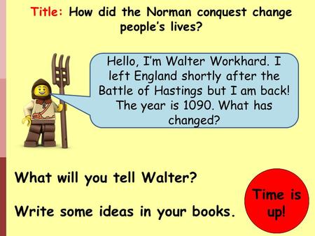 Hello, I’m Walter Workhard. I left England shortly after the Battle of Hastings but I am back! The year is 1090. What has changed? What will you tell Walter?