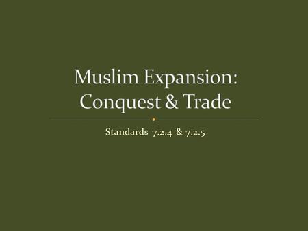 Standards 7.2.4 & 7.2.5. Conquered N. Africa, Iberian Peninsula & Central Asia Empire based on strong government, common language (Arabic), & using same.