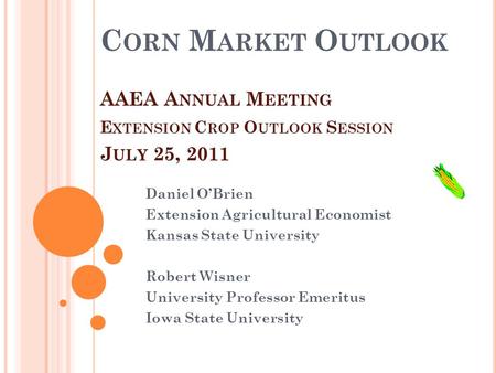 C ORN M ARKET O UTLOOK AAEA A NNUAL M EETING E XTENSION C ROP O UTLOOK S ESSION J ULY 25, 2011 Daniel O’Brien Extension Agricultural Economist Kansas State.