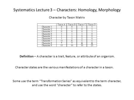 Systematics Lecture 3 – Characters: Homology, Morphology Character by Taxon Matrix Definition – A character is a trait, feature, or attribute of an organism.