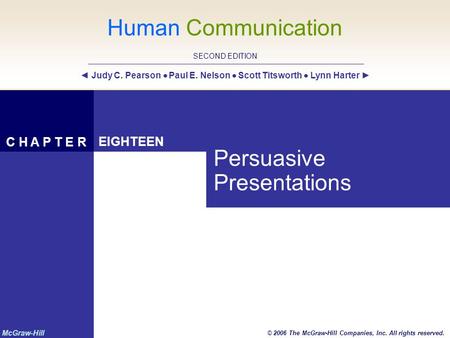 Human Communication SECOND EDITION McGraw-Hill © 2006 The McGraw-Hill Companies, Inc. All rights reserved. ◄ Judy C. Pearson  Paul E. Nelson  Scott Titsworth.