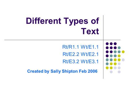 Different Types of Text Rt/R1.1 Wt/E1.1 Rt/E2.2 Wt/E2.1 Rt/E3.2 Wt/E3.1 Created by Sally Shipton Feb 2006.