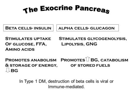 Beta cells- insulinalpha cells- glucagon Stimulates uptake Stimulates glycogenolysis, Of glucose, FFA, Lipolysis, GNG Amino acids Promotes anabolism Promotes.