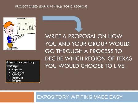 EXPOSITORY WRITING MADE EASY WRITE A PROPOSAL ON HOW YOU AND YOUR GROUP WOULD GO THROUGH A PROCESS TO DECIDE WHICH REGION OF TEXAS YOU WOULD CHOOSE TO.