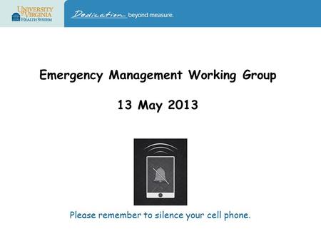 Emergency Management Working Group 13 May 2013 Please remember to silence your cell phone.