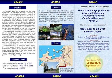 The 3rd Asian Symposium on Advanced Materials – Chemistry & Physics of Functional Materials – (ASAM-3)  September 19-22,