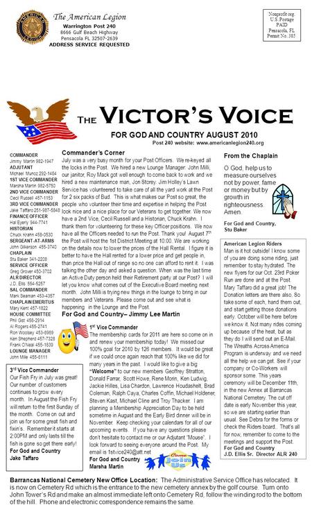 Nonprofit org. U.S. Postage PAID Pensacola, FL Permit No. 385 The American Legion Warrington Post 240 8666 Gulf Beach Highway Pensacola FL 32507-2639 ADDRESS.