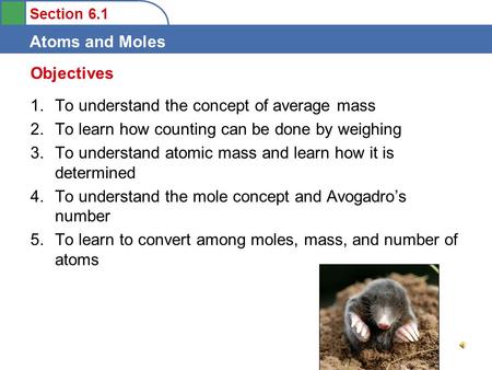 Section 6.1 Atoms and Moles 1.To understand the concept of average mass 2.To learn how counting can be done by weighing 3.To understand atomic mass and.