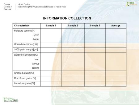 Course:Grain Quality Module 3: Determining the Physical Characteristics of Paddy Rice Exercise : CharacteristicSample 1Sample 2Sample 3Average Moisture.