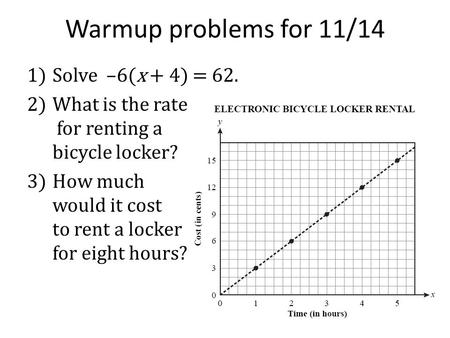 Warmup problems for 11/14 1)Solve –6(x + 4) = 62. 2)What is the rate for renting a bicycle locker? 3)How much would it cost to rent a locker for eight.