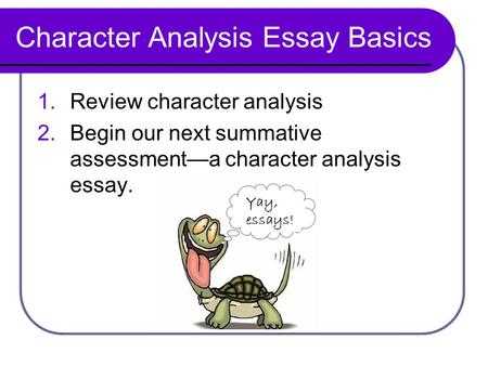 Character Analysis Essay Basics 1.Review character analysis 2.Begin our next summative assessment—a character analysis essay. Yay, essays!