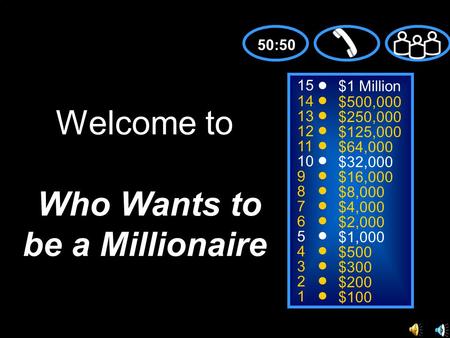 15 14 13 12 11 10 9 8 7 6 5 4 3 2 1 $1 Million $500,000 $250,000 $125,000 $64,000 $32,000 $16,000 $8,000 $4,000 $2,000 $1,000 $500 $300 $200 $100 Welcome.