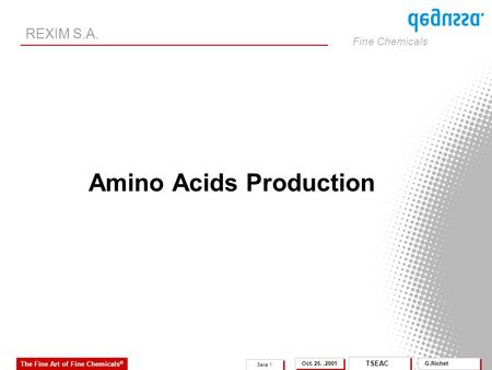 Fine Chemicals Seite 1 Oct. 25..2001 G.Richet The Fine Art of Fine Chemicals ® TSEAC REXIM S.A. Amino Acids Production.