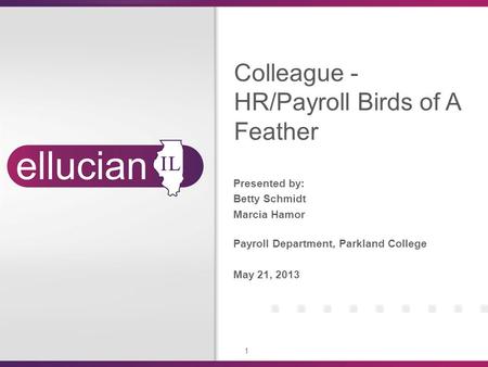 1 Presented by: Betty Schmidt Marcia Hamor Payroll Department, Parkland College May 21, 2013 Colleague - HR/Payroll Birds of A Feather.