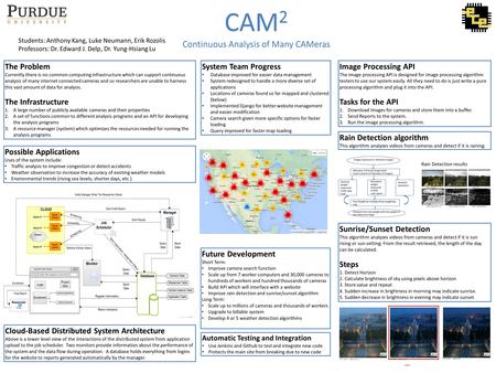 Students: Anthony Kang, Luke Neumann, Erik Rozolis Professors: Dr. Edward J. Delp, Dr. Yung-Hsiang Lu CAM 2 Continuous Analysis of Many CAMeras The Problem.