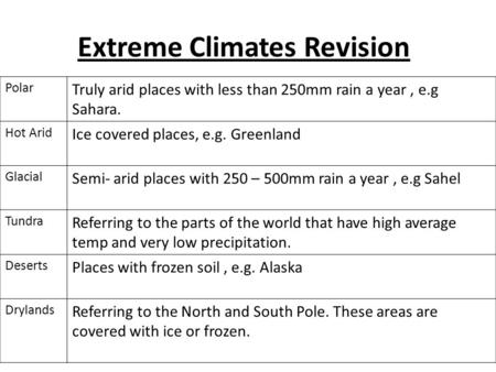 Extreme Climates Revision Polar Truly arid places with less than 250mm rain a year, e.g Sahara. Hot Arid Ice covered places, e.g. Greenland Glacial Semi-