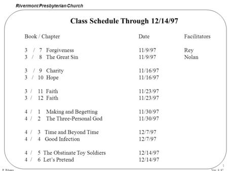 Rivermont Presbyterian Church P. RibeiroNov. 9, 97 1 Book / ChapterDateFacilitators 3 / 7 Forgiveness11/9/97Rey 3 / 8 The Great Sin11/9/97Nolan 3 / 9 Charity11/16/97.