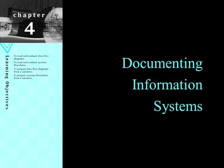 Documenting Information Systems. Learning Objectives To read and evaluate data flow diagrams To read and evaluate systems flowcharts. To prepare data.