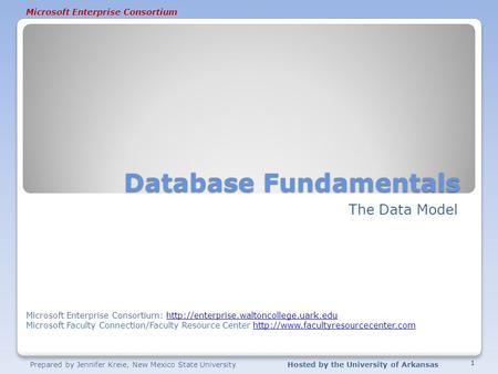 Prepared by Jennifer Kreie, New Mexico State UniversityHosted by the University of Arkansas Microsoft Enterprise Consortium Database Fundamentals The Data.