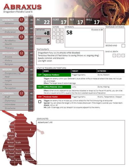 Dragonborn Paladin/ Level 6 STRENGTH Athletics 3 +6 +9 CONSTITUTION Endurance 1 +4 +7 DEXTERITY Acrobatics 1 +4 +2 Stealth+2 Thievery+2 INTELLIGENCE Arcana.