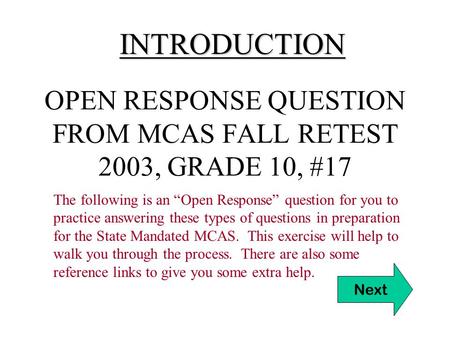 OPEN RESPONSE QUESTION FROM MCAS FALL RETEST 2003, GRADE 10, #17