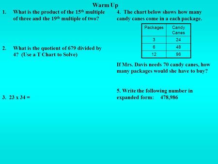 1.What is the product of the 15 th multiple of three and the 19 th multiple of two? 2.What is the quotient of 679 divided by 4? (Use a T Chart to Solve)