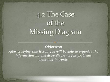 Objective: After studying this lesson you will be able to organize the information in, and draw diagrams for, problems presented in words.