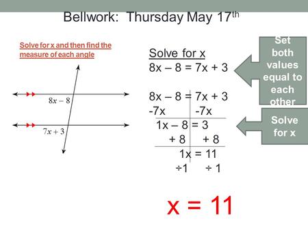 Solve for x and then find the measure of each angle