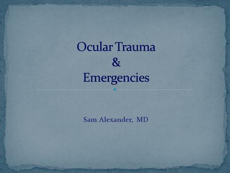 Sam Alexander, MD. 1.3 million eye injuries per year in the United States 40,000 of these injuries lead to visual loss.