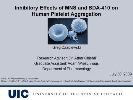 Inhibitory Effects of MNS and BDA-410 on Human Platelet Aggregation Greg Czaplewski Research Advisor: Dr. Athar Chishti Graduate Assistant: Adam Wieschhaus.