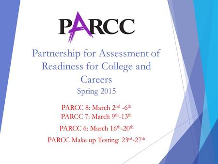 Partnership for Assessment of Readiness for College and Careers Spring 2015 PARCC 8: March 2 nd -6 th PARCC 7: March 9 th -13 th PARCC 6: March 16 th -20.