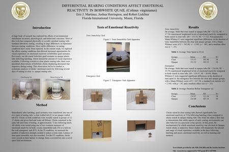 Introduction Method DIFFERENTIAL REARING CONDITIONS AFFECT EMOTIONAL REACTIVITY IN BOBWHITE QUAIL (Colinus virginianus) Eric J. Martinez, Joshua Herrington,