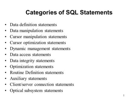 1 Categories of SQL Statements Data definition statements Data manipulation statements Cursor manipulation statements Cursor optimization statements Dynamic.