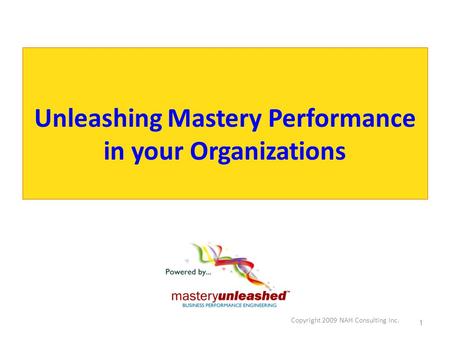 Copyright 2009 NAH Consulting Inc. 1 Unleashing Mastery Performance in your Organizations.