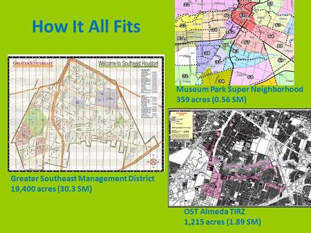 Greater Southeast Management District 19,400 acres (30.3 SM) OST Almeda TIRZ 1,215 acres (1.89 SM) Museum Park Super Neighborhood 359 acres (0.56 SM) How.