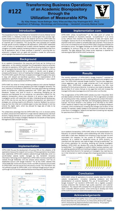 As an academic biorepository, the resources and funds can be limiting to an organization, so the analytics extracted from BI applications become extremely.