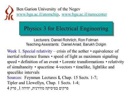 Physics 3 for Electrical Engineering Ben Gurion University of the Negev www.bgu.ac.il/atomchipwww.bgu.ac.il/atomchip, www.bgu.ac.il/nanocenterwww.bgu.ac.il/nanocenter.