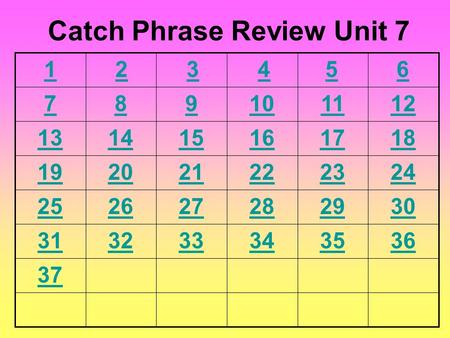 6 789101112 131415161718 192021222324 252627282930 313233343536 37 Catch Phrase Review Unit 7 54321.