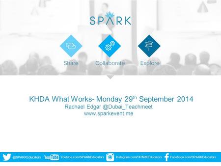 @SPARKEducators Youtube.com/SPARKEducatorsInstagram.com/SPARKEducatorsFacebook.com/SPARKEducators KHDA What Works- Monday 29 th September 2014 Rachael.