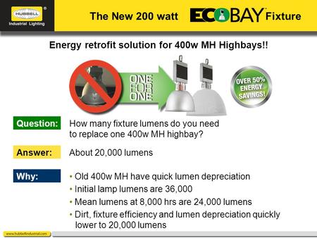 Energy retrofit solution for 400w MH Highbays!! Question:How many fixture lumens do you need to replace one 400w MH highbay? Answer:About 20,000 lumens.